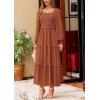 imagePRETTYGARDEN Womens Spring Long Sleeve Smocked Maxi Dress Casual Square Neck Swiss Dot Tiered Ruffle Flowy Pocket DressesBrown