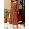 imagePRETTYGARDEN Womens Spring Long Sleeve Smocked Maxi Dress Casual Square Neck Swiss Dot Tiered Ruffle Flowy Pocket DressesBrown