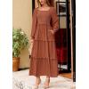 imagePRETTYGARDEN Womens Spring Long Sleeve Smocked Maxi Dress Casual Square Neck Swiss Dot Tiered Ruffle Flowy Pocket DressesBrown