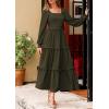 imagePRETTYGARDEN Womens Spring Long Sleeve Smocked Maxi Dress Casual Square Neck Swiss Dot Tiered Ruffle Flowy Pocket DressesDark Army Green