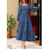 imagePRETTYGARDEN Womens Spring Long Sleeve Smocked Maxi Dress Casual Square Neck Swiss Dot Tiered Ruffle Flowy Pocket DressesDark Blue