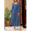 imagePRETTYGARDEN Womens Spring Long Sleeve Smocked Maxi Dress Casual Square Neck Swiss Dot Tiered Ruffle Flowy Pocket DressesDark Blue