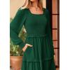 imagePRETTYGARDEN Womens Spring Long Sleeve Smocked Maxi Dress Casual Square Neck Swiss Dot Tiered Ruffle Flowy Pocket DressesDark Green