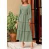 imagePRETTYGARDEN Womens Spring Long Sleeve Smocked Maxi Dress Casual Square Neck Swiss Dot Tiered Ruffle Flowy Pocket DressesGrey Green