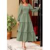 imagePRETTYGARDEN Womens Spring Long Sleeve Smocked Maxi Dress Casual Square Neck Swiss Dot Tiered Ruffle Flowy Pocket DressesGrey Green