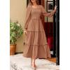 imagePRETTYGARDEN Womens Spring Long Sleeve Smocked Maxi Dress Casual Square Neck Swiss Dot Tiered Ruffle Flowy Pocket DressesKhaki