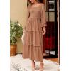 imagePRETTYGARDEN Womens Spring Long Sleeve Smocked Maxi Dress Casual Square Neck Swiss Dot Tiered Ruffle Flowy Pocket DressesKhaki