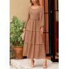 imagePRETTYGARDEN Womens Spring Long Sleeve Smocked Maxi Dress Casual Square Neck Swiss Dot Tiered Ruffle Flowy Pocket DressesKhaki