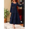 imagePRETTYGARDEN Womens Spring Long Sleeve Smocked Maxi Dress Casual Square Neck Swiss Dot Tiered Ruffle Flowy Pocket DressesNavy