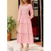 imagePRETTYGARDEN Womens Spring Long Sleeve Smocked Maxi Dress Casual Square Neck Swiss Dot Tiered Ruffle Flowy Pocket DressesPink