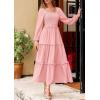 imagePRETTYGARDEN Womens Spring Long Sleeve Smocked Maxi Dress Casual Square Neck Swiss Dot Tiered Ruffle Flowy Pocket DressesPink