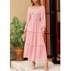 imagePRETTYGARDEN Womens Spring Long Sleeve Smocked Maxi Dress Casual Square Neck Swiss Dot Tiered Ruffle Flowy Pocket DressesPink