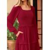 imagePRETTYGARDEN Womens Spring Long Sleeve Smocked Maxi Dress Casual Square Neck Swiss Dot Tiered Ruffle Flowy Pocket DressesRed