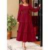 imagePRETTYGARDEN Womens Spring Long Sleeve Smocked Maxi Dress Casual Square Neck Swiss Dot Tiered Ruffle Flowy Pocket DressesRed