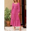 imagePRETTYGARDEN Womens Spring Long Sleeve Smocked Maxi Dress Casual Square Neck Swiss Dot Tiered Ruffle Flowy Pocket DressesRose Red