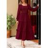 imagePRETTYGARDEN Womens Spring Long Sleeve Smocked Maxi Dress Casual Square Neck Swiss Dot Tiered Ruffle Flowy Pocket DressesWine Red