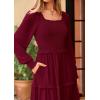 imagePRETTYGARDEN Womens Spring Long Sleeve Smocked Maxi Dress Casual Square Neck Swiss Dot Tiered Ruffle Flowy Pocket DressesWine Red