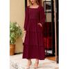 imagePRETTYGARDEN Womens Spring Long Sleeve Smocked Maxi Dress Casual Square Neck Swiss Dot Tiered Ruffle Flowy Pocket DressesWine Red