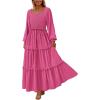 imagePRETTYGARDEN Womens Spring Long Sleeve Smocked Maxi Dress Casual Square Neck Swiss Dot Tiered Ruffle Flowy Pocket DressesRose Red