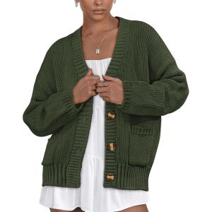 imagePRETTYGARDEN Womens Cardigan Sweaters Long Sleeve Open Front Button Up V Neck Ribbed Knit Winter Sweater JacketsArmy Green