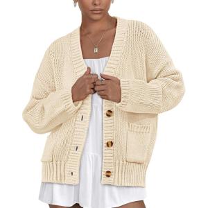 imagePRETTYGARDEN Womens Cardigan Sweaters Long Sleeve Open Front Button Up V Neck Ribbed Knit Winter Sweater JacketsBeige