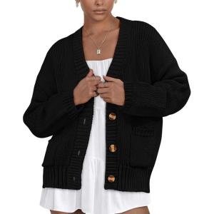 imagePRETTYGARDEN Womens Cardigan Sweaters Long Sleeve Open Front Button Up V Neck Ribbed Knit Winter Sweater JacketsBlack