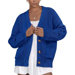 imagePRETTYGARDEN Womens Cardigan Sweaters Long Sleeve Open Front Button Up V Neck Ribbed Knit Winter Sweater JacketsBright Blue