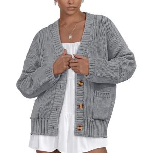 imagePRETTYGARDEN Womens Cardigan Sweaters Long Sleeve Open Front Button Up V Neck Ribbed Knit Winter Sweater JacketsGrey
