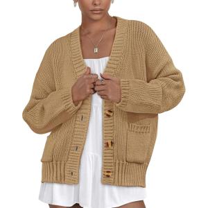imagePRETTYGARDEN Womens Cardigan Sweaters Long Sleeve Open Front Button Up V Neck Ribbed Knit Winter Sweater JacketsKhaki