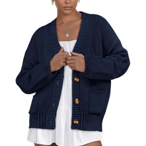 imagePRETTYGARDEN Womens Cardigan Sweaters Long Sleeve Open Front Button Up V Neck Ribbed Knit Winter Sweater JacketsNavy