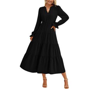 imagePRETTYGARDEN Womens Spring Fall Maxi Dress Long Sleeve V Neck Tiered Ruffle Flowy A Line Cocktail Party DressesBlack
