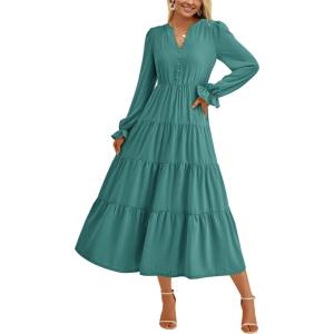 imagePRETTYGARDEN Womens Spring Fall Maxi Dress Long Sleeve V Neck Tiered Ruffle Flowy A Line Cocktail Party DressesBlue Green