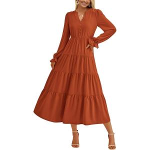 imagePRETTYGARDEN Womens Spring Fall Maxi Dress Long Sleeve V Neck Tiered Ruffle Flowy A Line Cocktail Party DressesBrick Red