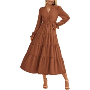 imagePRETTYGARDEN Womens Spring Fall Maxi Dress Long Sleeve V Neck Tiered Ruffle Flowy A Line Cocktail Party DressesBrown