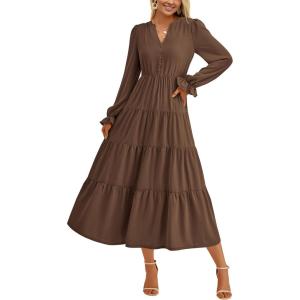 imagePRETTYGARDEN Womens Spring Fall Maxi Dress Long Sleeve V Neck Tiered Ruffle Flowy A Line Cocktail Party DressesCoffee