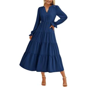 imagePRETTYGARDEN Womens Spring Fall Maxi Dress Long Sleeve V Neck Tiered Ruffle Flowy A Line Cocktail Party DressesDark Blue