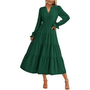 imagePRETTYGARDEN Womens Spring Fall Maxi Dress Long Sleeve V Neck Tiered Ruffle Flowy A Line Cocktail Party DressesDark Green