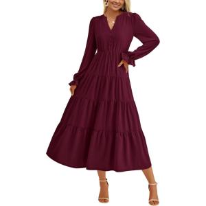 imagePRETTYGARDEN Womens Spring Fall Maxi Dress Long Sleeve V Neck Tiered Ruffle Flowy A Line Cocktail Party DressesDark Wine Red