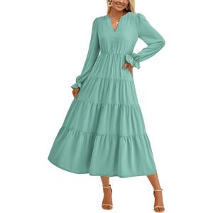 imagePRETTYGARDEN Womens Spring Fall Maxi Dress Long Sleeve V Neck Tiered Ruffle Flowy A Line Cocktail Party DressesLight Green