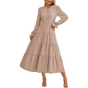 imagePRETTYGARDEN Womens Spring Fall Maxi Dress Long Sleeve V Neck Tiered Ruffle Flowy A Line Cocktail Party DressesLight Khaki