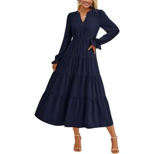 imagePRETTYGARDEN Womens Spring Fall Maxi Dress Long Sleeve V Neck Tiered Ruffle Flowy A Line Cocktail Party DressesNavy