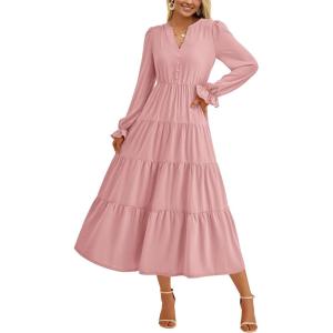imagePRETTYGARDEN Womens Spring Fall Maxi Dress Long Sleeve V Neck Tiered Ruffle Flowy A Line Cocktail Party DressesPink