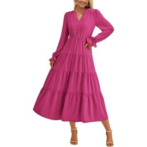 imagePRETTYGARDEN Womens Spring Fall Maxi Dress Long Sleeve V Neck Tiered Ruffle Flowy A Line Cocktail Party DressesRose Red
