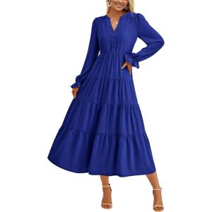 imagePRETTYGARDEN Womens Spring Fall Maxi Dress Long Sleeve V Neck Tiered Ruffle Flowy A Line Cocktail Party DressesRoyal Blue