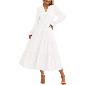imagePRETTYGARDEN Womens Spring Fall Maxi Dress Long Sleeve V Neck Tiered Ruffle Flowy A Line Cocktail Party DressesWhite