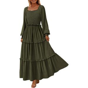 imagePRETTYGARDEN Womens Spring Long Sleeve Smocked Maxi Dress Casual Square Neck Swiss Dot Tiered Ruffle Flowy Pocket DressesArmy Green