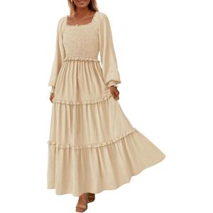 imagePRETTYGARDEN Womens Spring Long Sleeve Smocked Maxi Dress Casual Square Neck Swiss Dot Tiered Ruffle Flowy Pocket DressesBeige