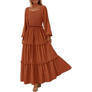 imagePRETTYGARDEN Womens Spring Long Sleeve Smocked Maxi Dress Casual Square Neck Swiss Dot Tiered Ruffle Flowy Pocket DressesBrown