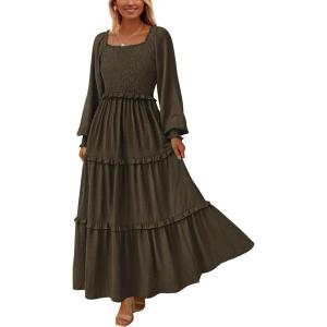 imagePRETTYGARDEN Womens Spring Long Sleeve Smocked Maxi Dress Casual Square Neck Swiss Dot Tiered Ruffle Flowy Pocket DressesDark Army Green