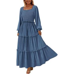 imagePRETTYGARDEN Womens Spring Long Sleeve Smocked Maxi Dress Casual Square Neck Swiss Dot Tiered Ruffle Flowy Pocket DressesDark Blue